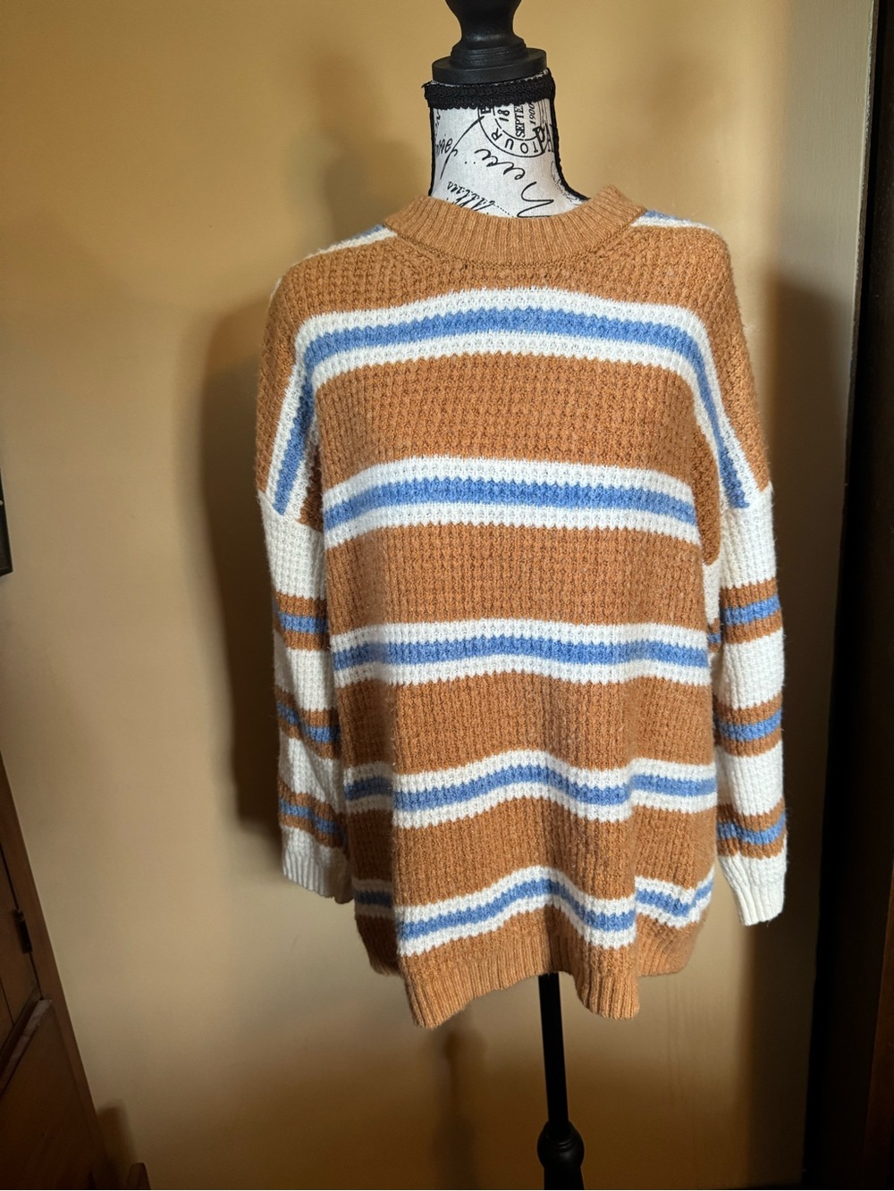 Cozy Striped Knit Sweater in Camel, White & Blue